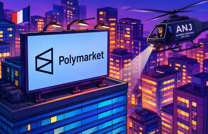 The illustration depicts a "Polymarket" billboard in Paris (indicated by the French flag) being approached by an ANJ (Autorité Nationale des Jeux) helicopter, visually symbolizing France's gambling regulator attempting to crack down on the platform by blocking access. The scene reinforces the post's argument that despite regulatory pushback, platforms like Polymarket represent an innovative evolution beyond traditional bookmakers that authorities are struggling to contain.
