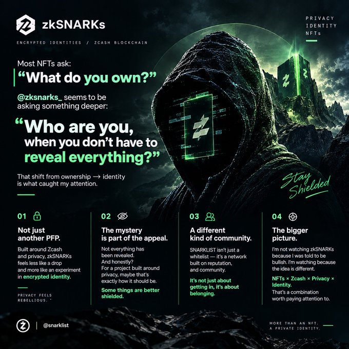 A promotional graphic for 'zkSNARKs' featuring a hooded figure, discussing encrypted identity, Zcash blockchain, and privacy in NFTs with text 'Who are you, when you don't have to reveal everything?'.