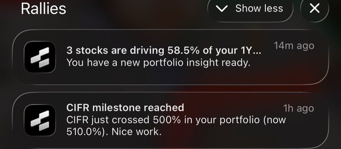 iphone screen displaying a black and white message about stocks driving 58.5% of your portfolio.