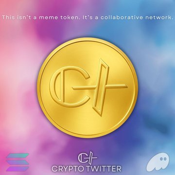 A golden coin with a stylized 'CH' logo features text stating 'This isn't a meme token. It's a collaborative network.' with the brand 'CRYPTOTWITTER' displayed below.