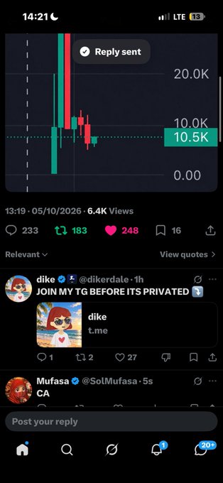A mobile screenshot of a cryptocurrency or trading chart showing candlesticks with a value of 10.5K, along with comments from users 'dike' and 'Mufasa'.