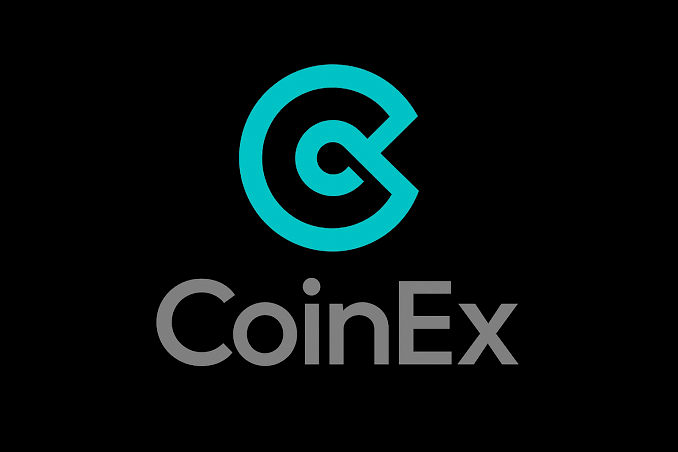 The CoinEx logo is displayed, featuring a stylized teal circular icon above the gray 'CoinEx' wordmark on a black background.