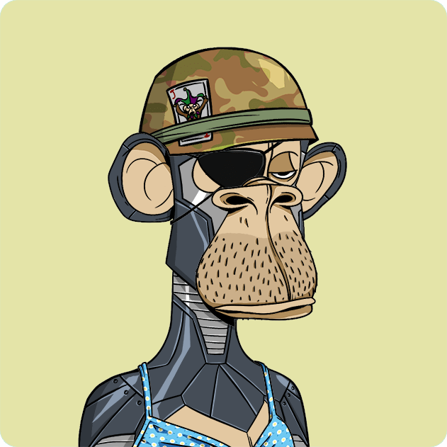 A cartoon illustration of a Bored Ape-style monkey wearing a camouflage helmet with a joker card, an eyepatch, and a blue sparkly top against a pale yellow background.