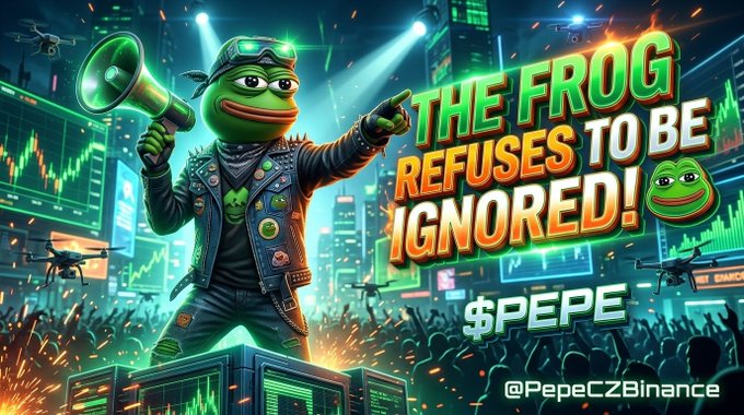 A Pepe the Frog meme promotional image featuring the character in a punk outfit holding a megaphone with the text 'THE FROG REFUSES TO BE IGNORED!' and '$PEPE' alongside '@PepeCZBinance'.