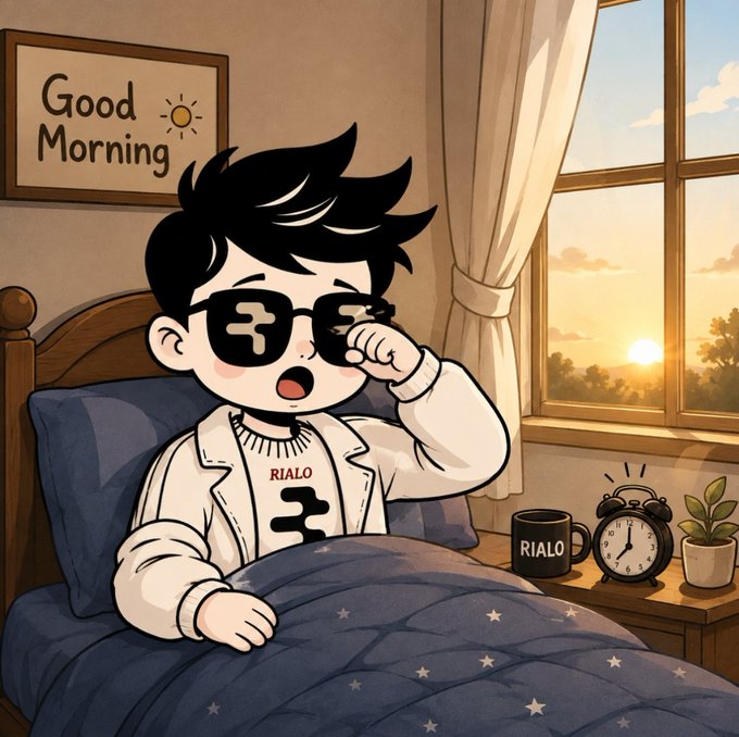 A cartoon illustration shows a character wearing dark sunglasses and a white jacket with 'RIAIO' text, sitting up in bed in a 'Good Morning' scene with an alarm clock and mug on a nightstand.