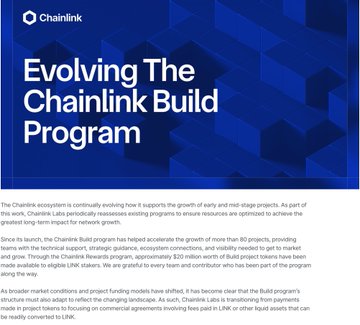 The image is a Chainlink blog post titled "Evolving The Chainlink Build Program" that explains the program's shift from grants to providing accelerated growth for over 80 projects through technical support, strategic guidance, and access to approximately $2 million worth of full project teams. It relates to the post by visually confirming Chainlink's transition from a grant-based model to an economic engine for driving long-term network growth.