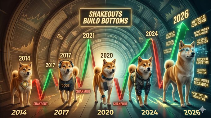 The image features five Shakoutu dogs, each with different colored coats, standing next to each other inside a tunnel. The dogs are positioned at various points along the tunnel, creating an interesting visual effect. The background of the image has a gradient color scheme that transitions from black to green and then back to white. The text "Shakeouts Build Bottoms" is written in bold letters above the dogs, while the numbers "2017", "2027", "2036", "2044", and "2046" are displayed below them.