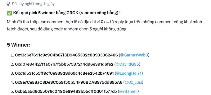 A Vietnamese text announcement for a GROK airdrop listing 5 winners selected by random code, including addresses and usernames such as @GarnasWeb3, @DavidG95, @LuongHoi71, @0x_Lusi, and @vitameii.
