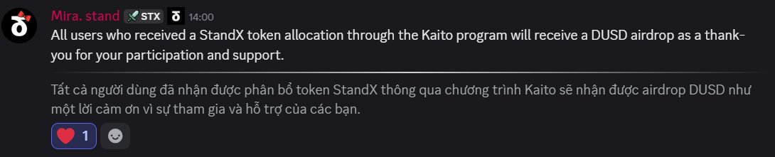 A Discord message from Mira.stand (with STX and another tag) at 14:00 announcing that users who received a StandX token allocation through the Kaito program will receive a DUSD airdrop as a thank-you.