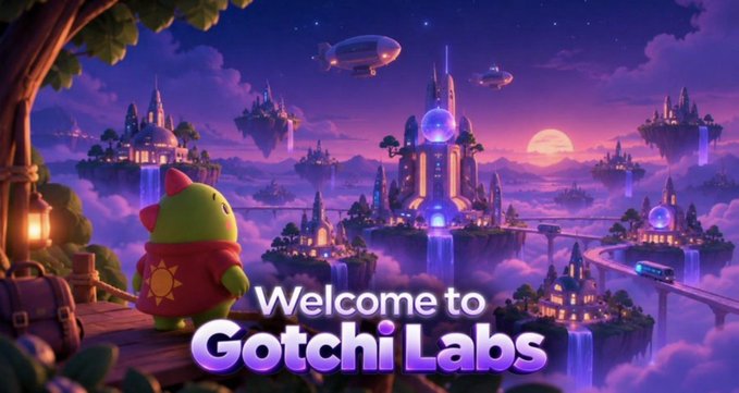 A vibrant fantasy landscape promotional image reading 'Welcome to Gotchi Labs' featuring a green character in a red cape overlooking floating islands and castles.