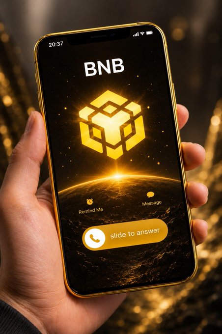 A hand holding a gold-rimmed smartphone displaying an incoming 'BNB' call screen with a glowing Binance logo and 'slide to answer' button.