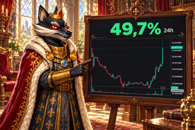 An illustrated wolf king in royal attire points to a financial chart displaying a 49.7% 24h gain, depicting significant market volatility.