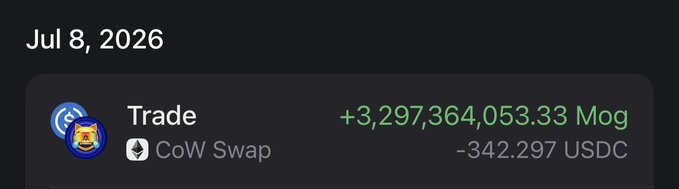A crypto trade record dated Jul 8, 2026, showing a Trade via CoW Swap yielding +3,297,364,053.33 Mog and -342.297 USDC.