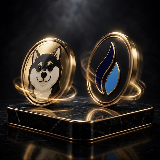 Two ornate golden cryptocurrency coins rest on a black marble pedestal: one featuring a Shiba Inu dog face and the other displaying a blue flame emblem.