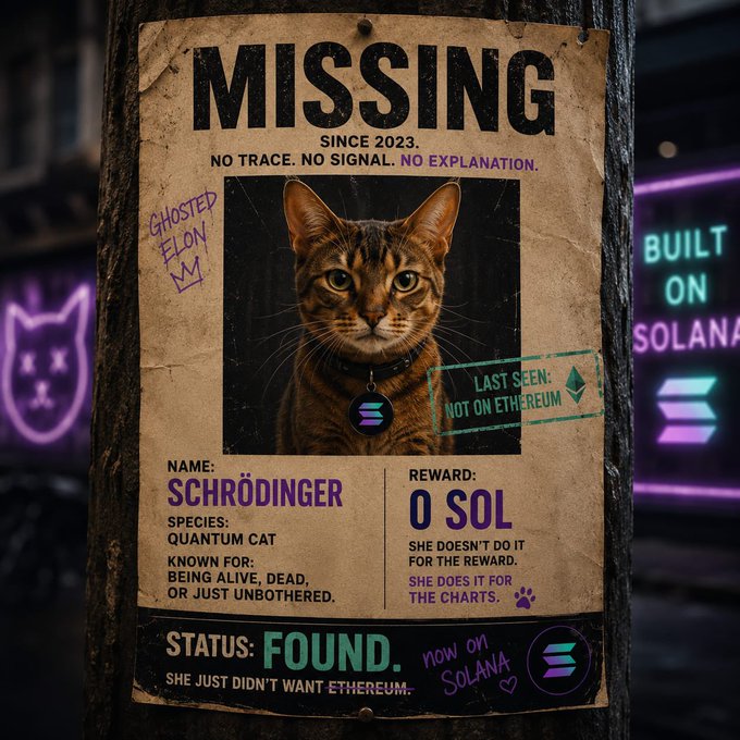 A crypto-themed 'MISSING' poster for 'Schrödinger,' a quantum cat, featuring Solana and Ethereum logos, with text reading 'Ghosted Elon,' 'Status: Found. She just didn't want Ethereum,' and 'Built on Solana.'