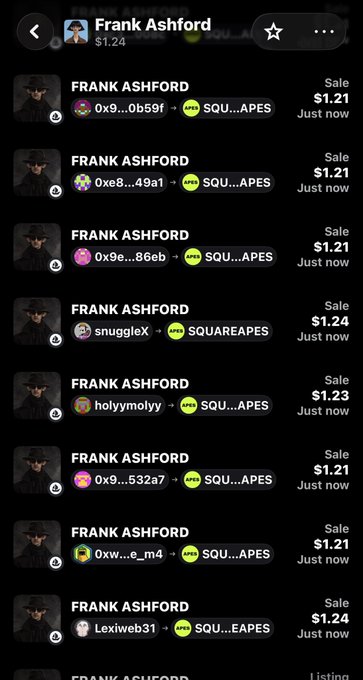 A mobile app screenshot showing a series of sales for 'FRANK ASHFORD' NFTs by various buyers at prices around $1.21-$1.24.