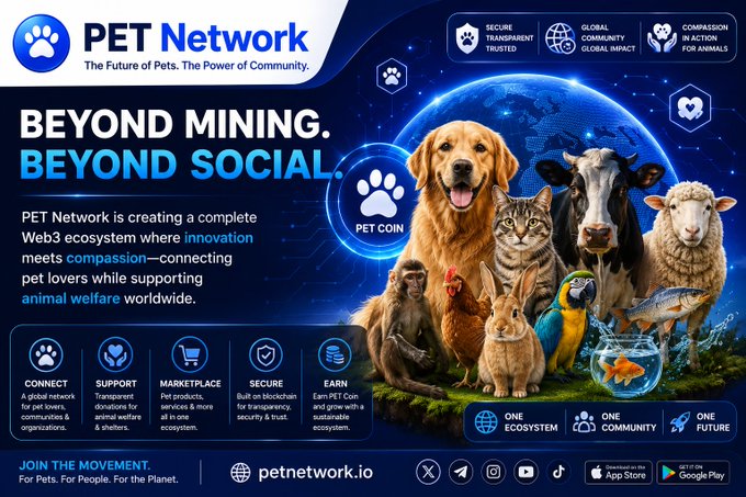 A promotional banner for "PET Network" (petnetwork.io) featuring the tagline "Beyond Mining. Beyond Social." alongside an illustration of diverse animals including a dog, cat, cow, sheep, monkey, chicken, rabbit, parrot, turtle, and fish, with a central "PET COIN" logo and icons highlighting features like Connect, Support, Marketplace, Secure, and Earn.