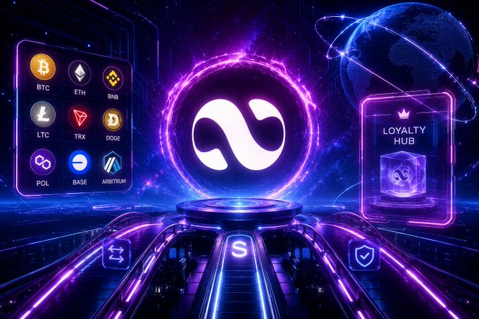 A promotional graphic featuring the SUI cryptocurrency logo with symbols for BTC, ETH, BNB, LTC, TRX, DOGE, POL, BASE, ARBITRUM, and a Loyalty Hub badge, set against a purple cosmic background with a digital globe.