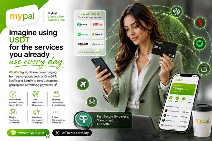 A promotional graphic for 'mypal' advertises using USDT for services such as ChatGPT, Netflix, Spotify, and Expedia, highlighting crypto utility for everyday use.