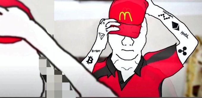 An illustration shows a McDonald's worker in uniform adjusting a red cap, with visible tattoos including Bitcoin symbols on his arms.