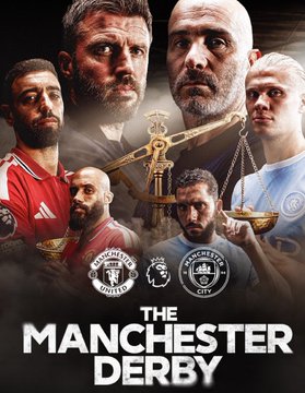 Promotional poster for 'The Manchester Derby' featuring faces of Manchester United and Manchester City players and managers alongside the Premier League trophy.