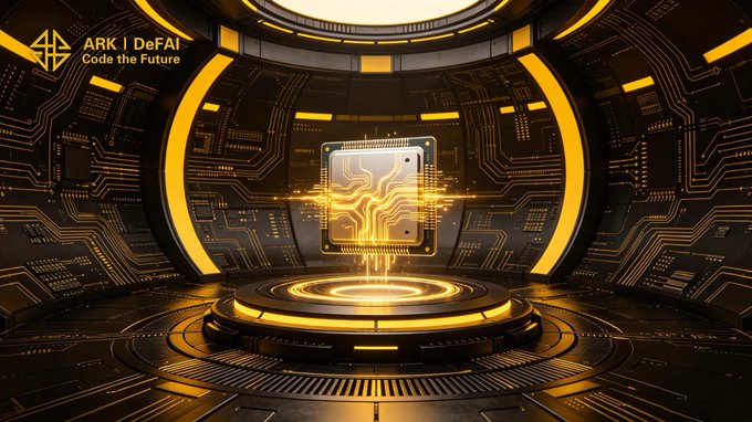 A futuristic dark chamber with glowing orange circuitry features a central CPU chip hovering above an illuminated platform, with "ARK | DeFAI / Code the Future" displayed in the upper left corner. The image visually represents the post's theme of AI processing power, symbolizing the Arkie AI App as the central processing unit that transforms Web3 input into actionable output within the ARK ecosystem.
