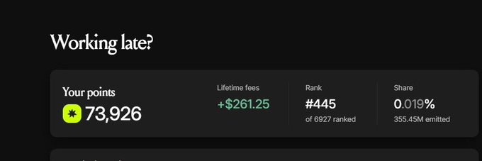 A dark-themed dashboard screen asking 'Working late?' displaying 'Your points 73,926', 'Lifetime fees +$261.25', 'Rank #445 of 6927', and 'Share 0.019%'.