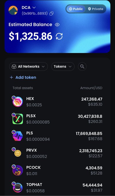 A screenshot of a crypto wallet app showing an 'Estimated Balance' of '$1,325.86' for the address (0x96fb...6893), listing tokens like HEX, PLSX, PLS, PRVX, PCOOK, and TOPHAT.