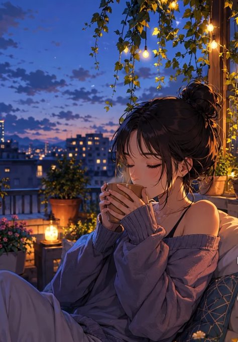 An anime-style illustration of a young woman with her hair in a bun, drinking from a cup while sitting on a balcony decorated with string lights at twilight.