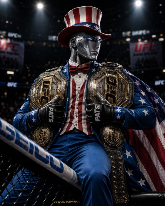 A digital artwork depicting a metallic robot fighter wearing an Uncle Sam top hat and American flag cape, holding two UFC championship belts in a fighting ring.