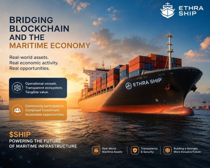 Promotional graphic for 'ETHRA SHIP' featuring a large container ship at sunset, with text 'BRIDGING BLOCKCHAIN AND THE MARITIME ECONOMY', '$SHIP POWERING THE FUTURE OF MARITIME INFRASTRUCTURE', and highlighting real-world assets, transparency, and community participation.