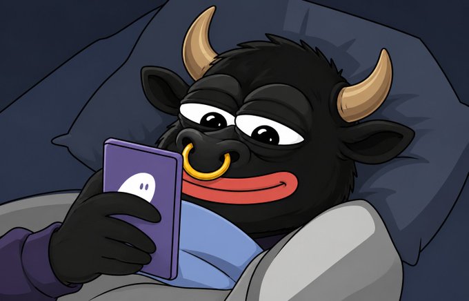 A cartoon illustration of a black bull character with a nose ring lying in bed under a blanket, looking at a purple smartphone with a ghost logo on the back.