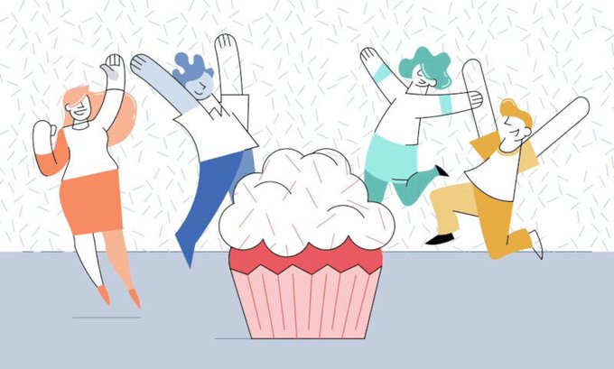 Four cheerful people jump with raised arms around a large pink cupcake against a light blue background, illustrating the excitement of celebrating gains—ironically contrasting with the post's self-deprecating confession of being caught "100% in position" during a market drop.