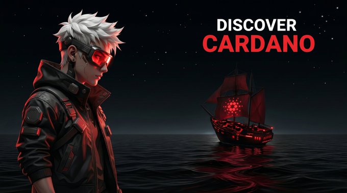 The image features a man standing next to a boat with the words "Discover Cardano" written above him. The background of the image shows a dark sky filled with stars, creating an atmosphere that complements the theme of the post. The text in the image reads "Discover Cardano", which is related to the Cardano cryptocurrency and blockchain technology. The man's position next to the boat suggests he might be on a vessel or near a body of water, possibly indicating his interest in exploring new ideas and concepts associated with the Cardano project.