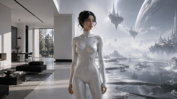 A woman in a futuristic white bodysuit stands in a modern minimalist interior with a surreal sci-fi landscape of floating castles and a planet visible through a large window.