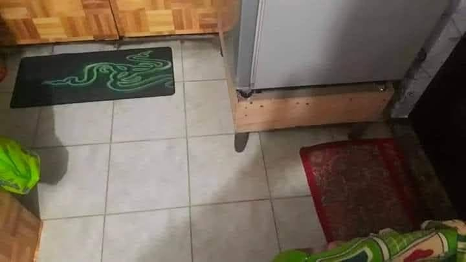 A view of a tiled kitchen floor with a Razer doormat, a refrigerator, and a red rug.