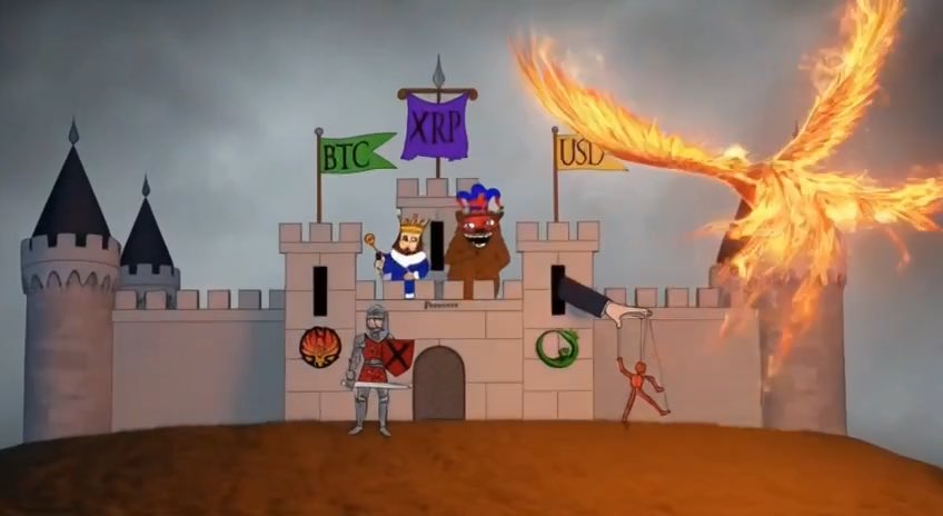 A medieval-style castle fortress scene featuring flags for BTC, XRP, and USDL, with a king, a knight, a demonic figure, and a fiery phoenix on the right.