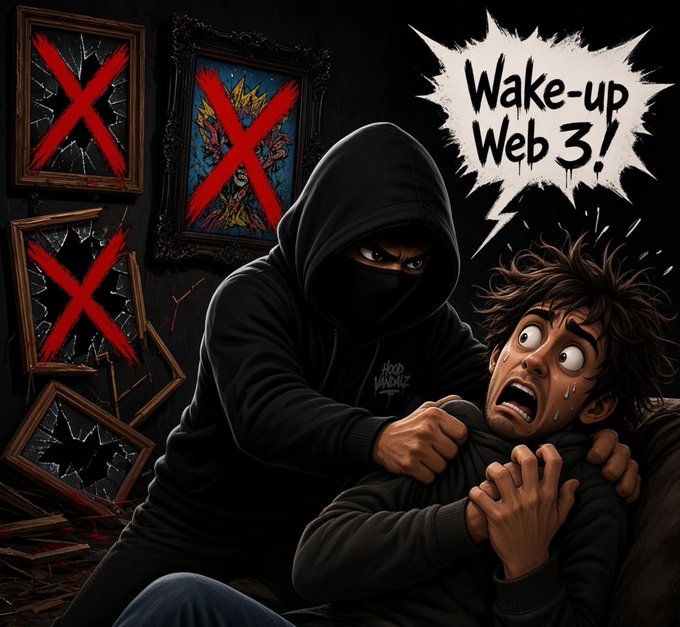 A masked figure in a hoodie violently grabs a terrified, wide-eyed man amid shattered, red-X-marked frames, while a jagged speech bubble shouts "WAKE-UP Web3!"—visually echoing the post's warning that Web3 is losing sight of real artistry and succumbing to AI-generated content and profit-driven volume.