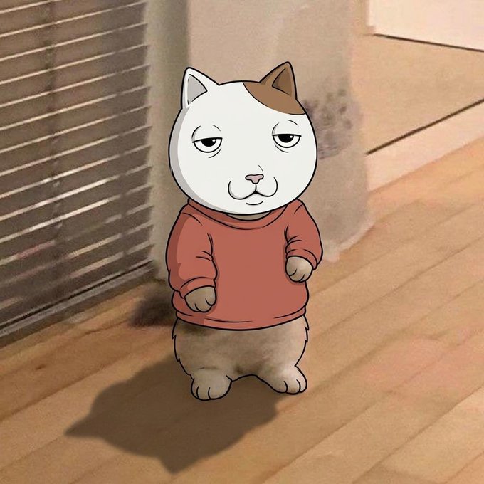 An animated or AI-generated image of a small, bipedal creature with a white and brown cat-like head, wearing a red hoodie, standing on a wooden floor.