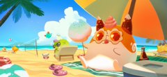 A cute pink cartoon monster wearing sunglasses relaxes on a beach towel under an umbrella with a drink beside it.