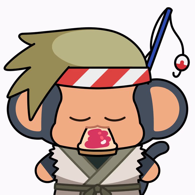 A cartoon illustration of a monkey character with a green leafy hairpiece, a red and white striped headband, and a fishing rod on its head, wearing traditional Japanese-style clothing while eating pink mochi.