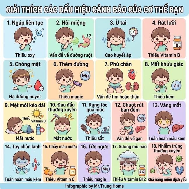 A Vietnamese health infographic titled "GIẢI THÍCH CÁC DẤU HIỆU CẢNH BÁO CỦA CƠ THỂ BẠN" illustrating 18 body warning signs and their associated vitamin or mineral deficiencies, created by Mr.Trung Home.