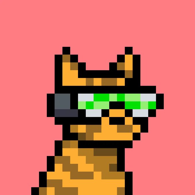 A pixel art illustration of a character wearing green-tinted sunglasses or visor against a pink background.