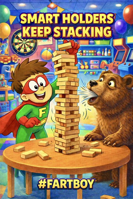 A colorful cartoon image featuring a superhero character stacking Jenga blocks while a bear blows them, with text reading 'SMART HOLDERS KEEP STACKING' and '#FARTBOY'.