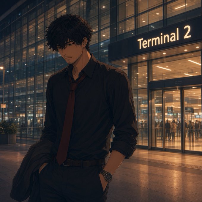 Anime-style illustration of a dark-haired man in a black shirt and red tie standing outside Terminal 2 at an airport.