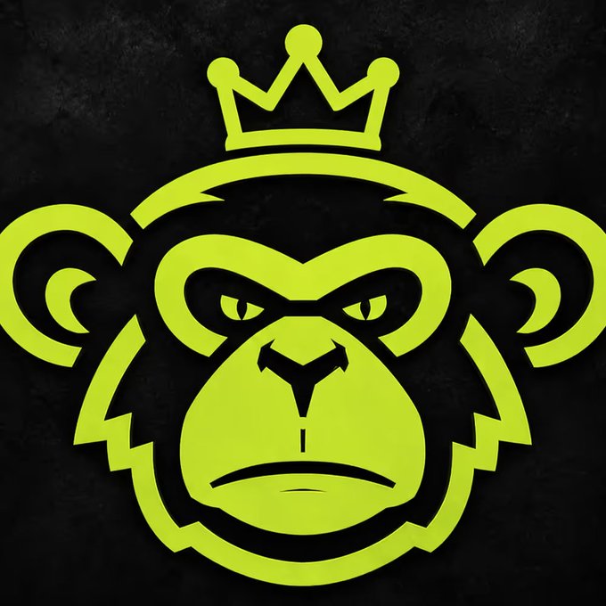 A stylized graphic logo of a green monkey face wearing a crown against a dark, textured background.
