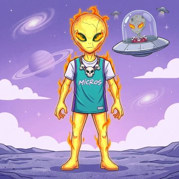 An illustrated alien character with yellow-orange flames for a body wears a teal 'MICROS' jersey, standing on an alien planet with a UFO piloted by a grey alien in the background.