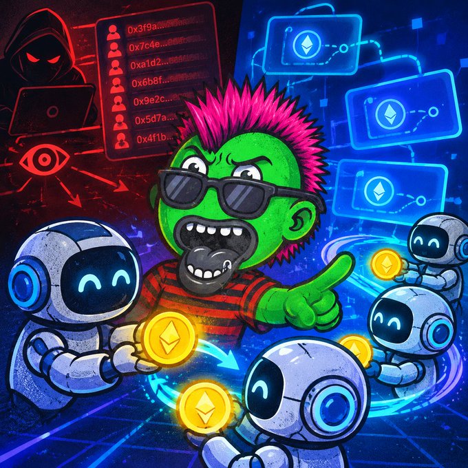 A bold cartoon illustration showing a green-skinned punk character with pink spiky hair and sunglasses surrounded by cute robots handling Ethereum coins, with a hooded hacker figure and hexadecimal addresses visible in the background.