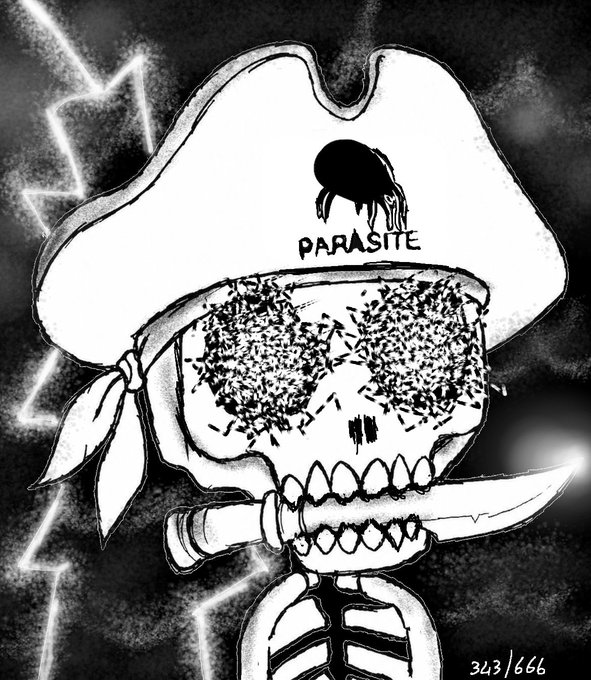 Black and white illustration of a skeletal figure wearing a pirate hat labeled 'PARASITE' with a skull logo, holding a knife between its teeth, with '323/666' marked in the corner.