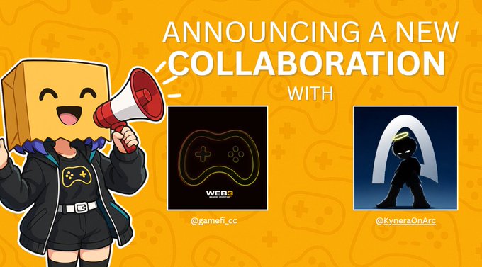 A cheerful mascot with a box for a head holds a megaphone on an orange background, announcing a new collaboration with @gamefi_cc and @KyneraOnArc, featuring icons of a game controller and a hooded figure.